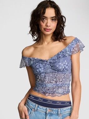 PINK Victoria's Secret Blue Floral Off-Shoulder Sheer Mesh Crop Top